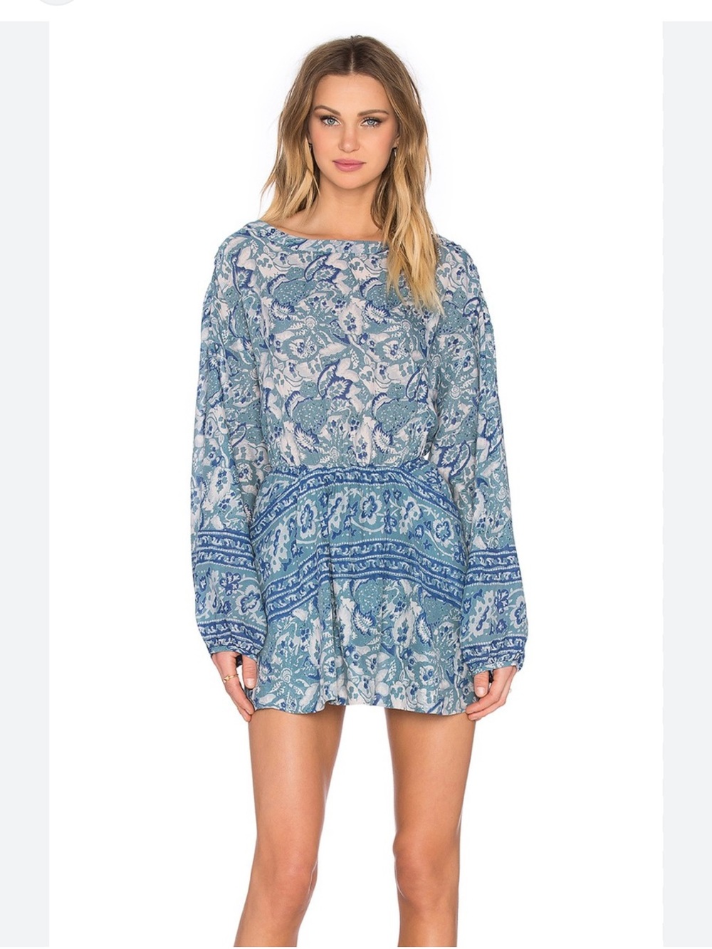 Free People Blouson Mini Dress Womens M Washed Blue Silver Sun Floral Open Back